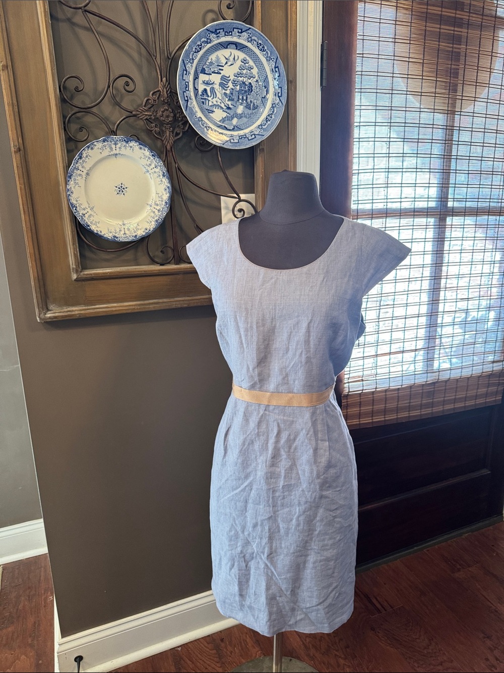 J. Crew Light Blue Linen Midi Dress with Tan Waistband